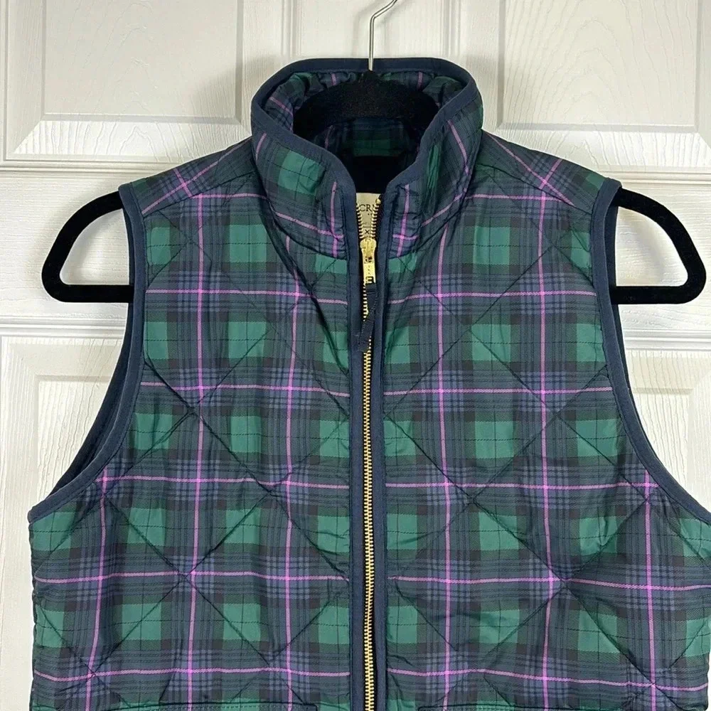 J. Crew navy, green and purple tartan zip up puffer vest sz xs